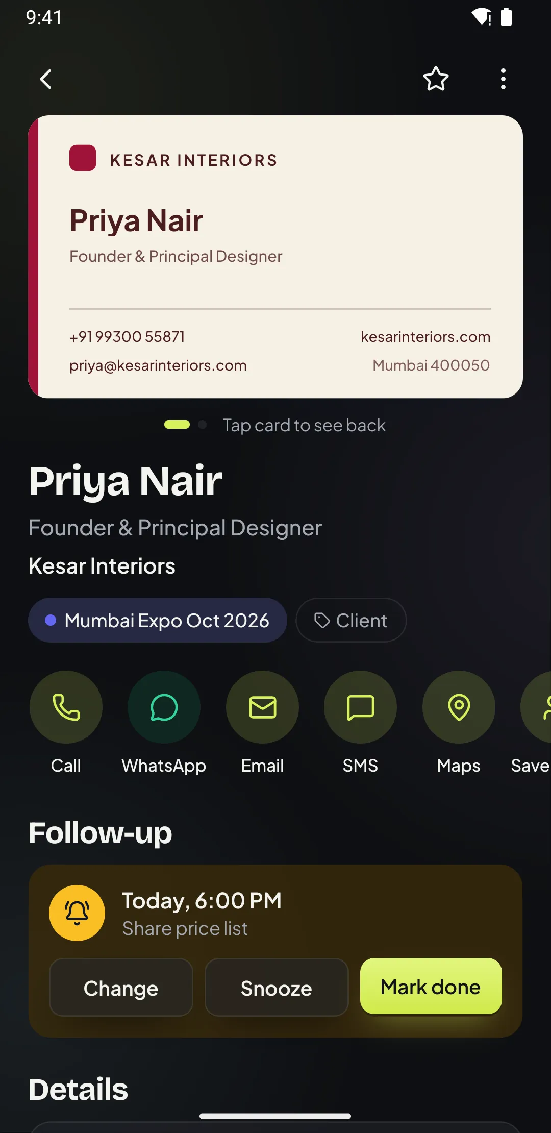 Contact with follow-up reminder and quick actions