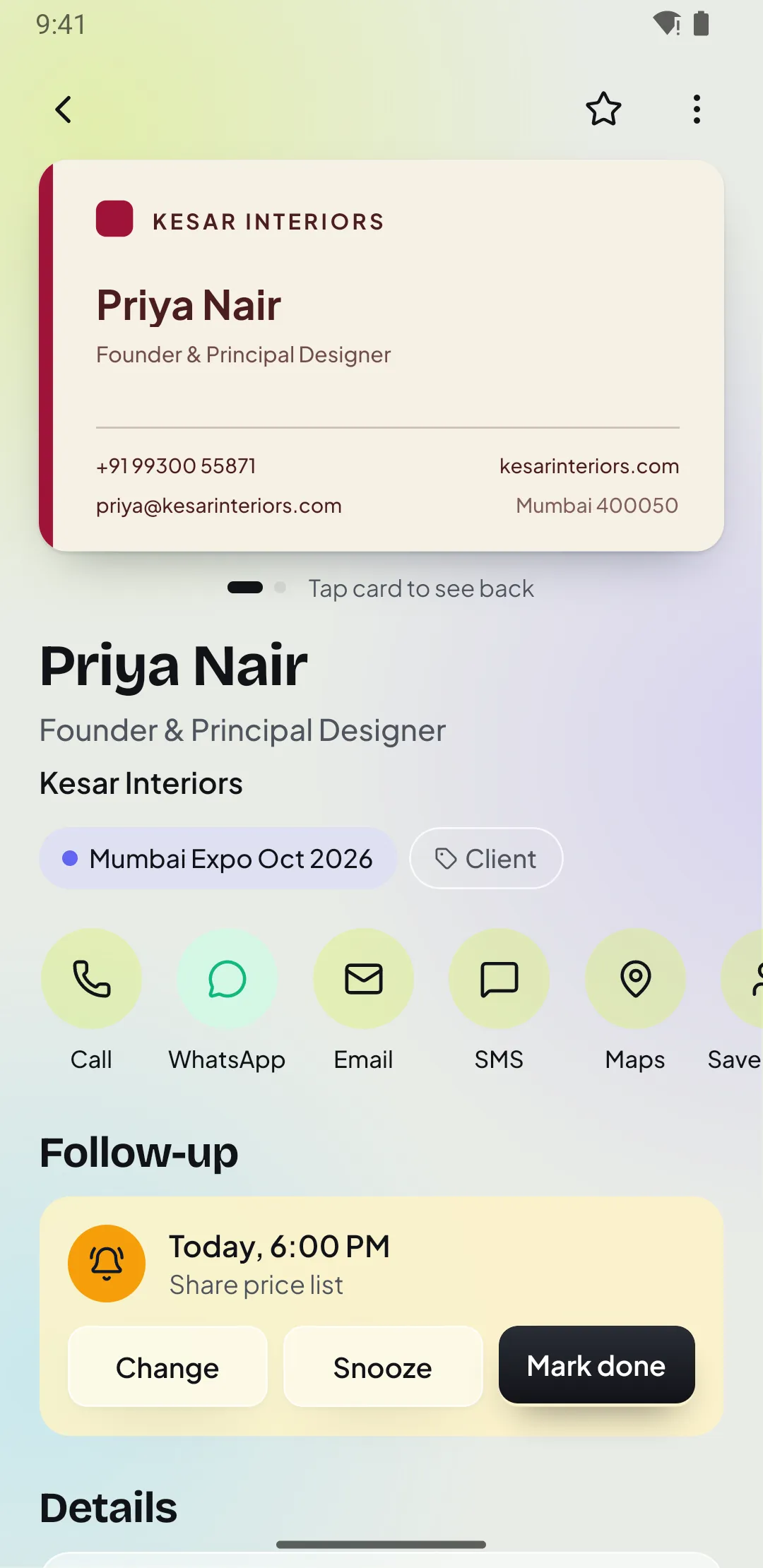 Contact with follow-up reminder and quick actions