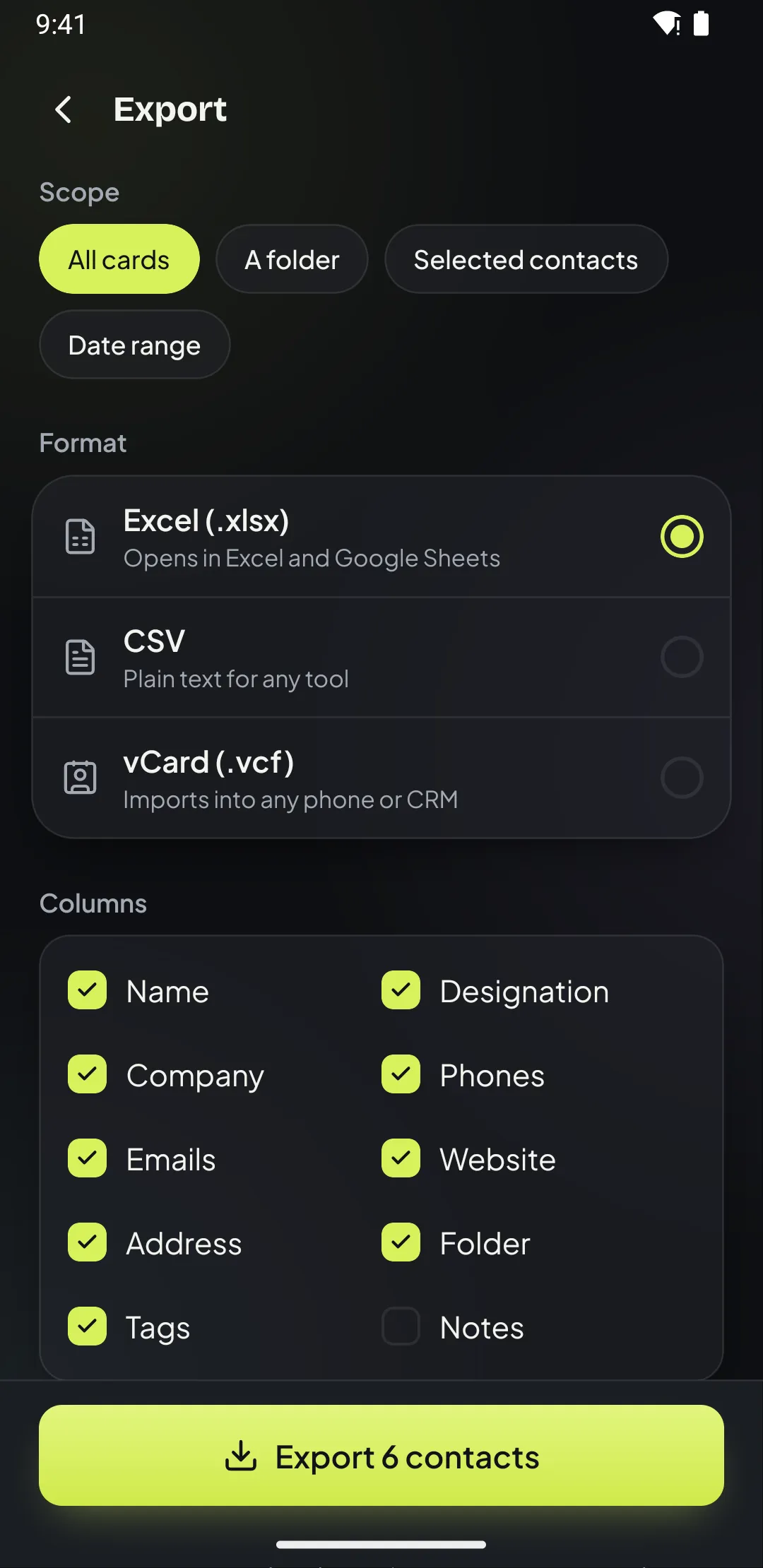 Export screen with Excel, CSV and vCard options