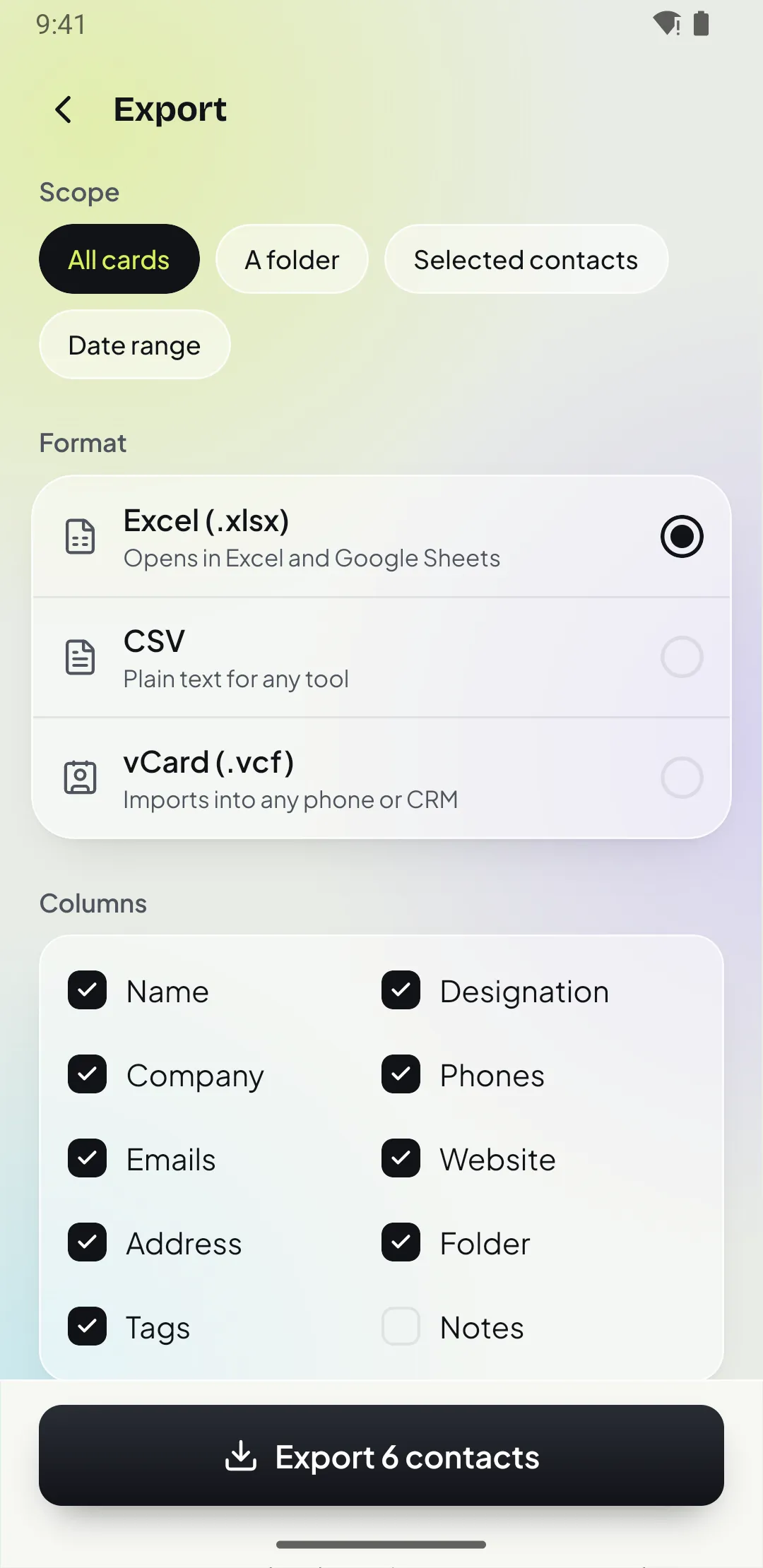 Export screen with Excel, CSV and vCard options