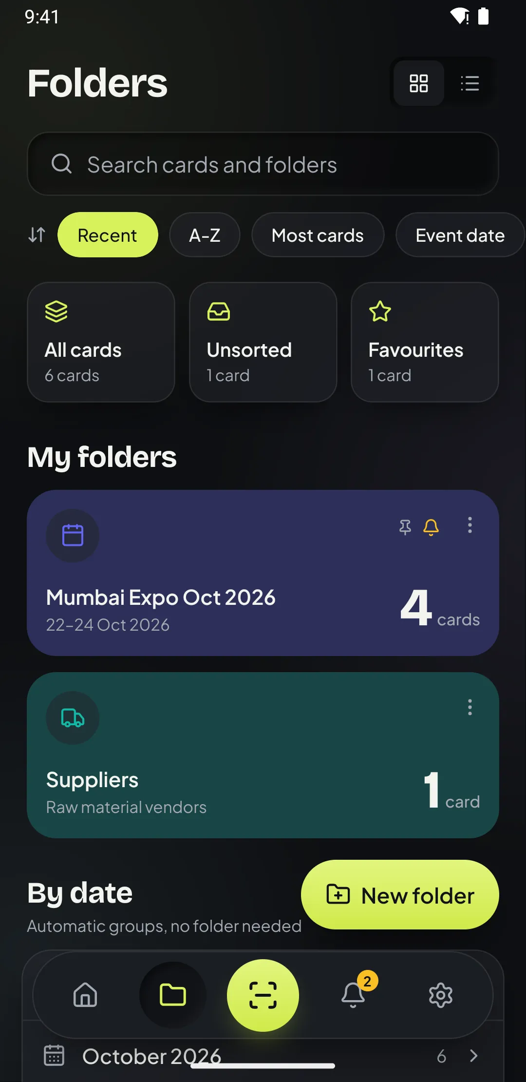 Folders screen with an expo folder and a suppliers folder