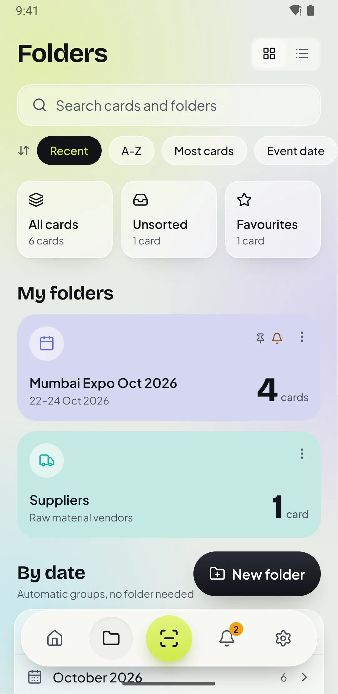 Folders screen with an expo folder and a suppliers folder