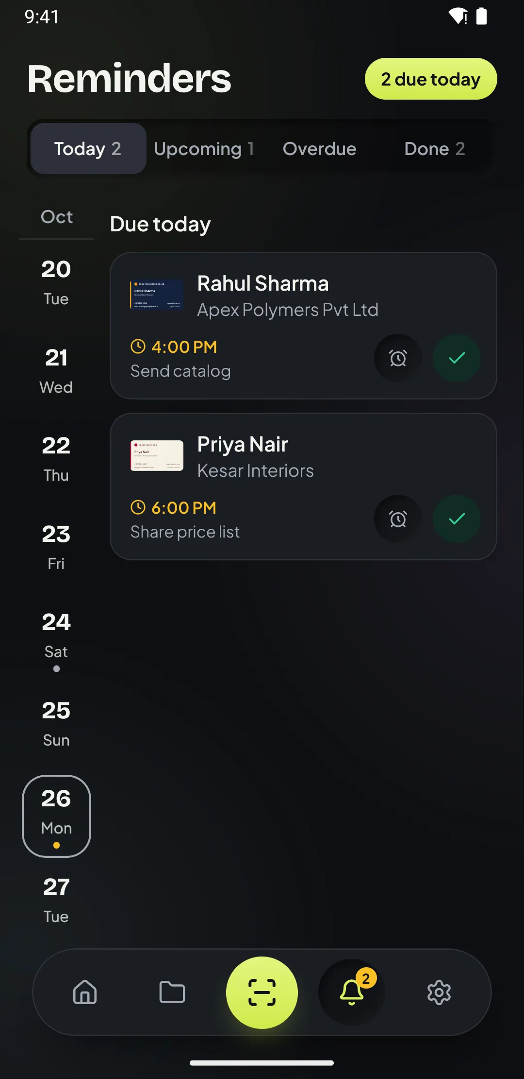 Reminders screen with follow-ups due today