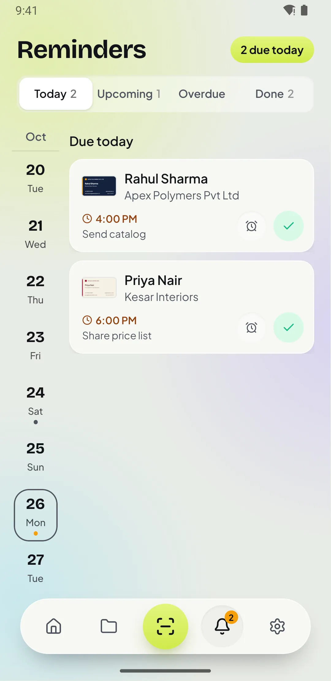 Reminders screen with follow-ups due today