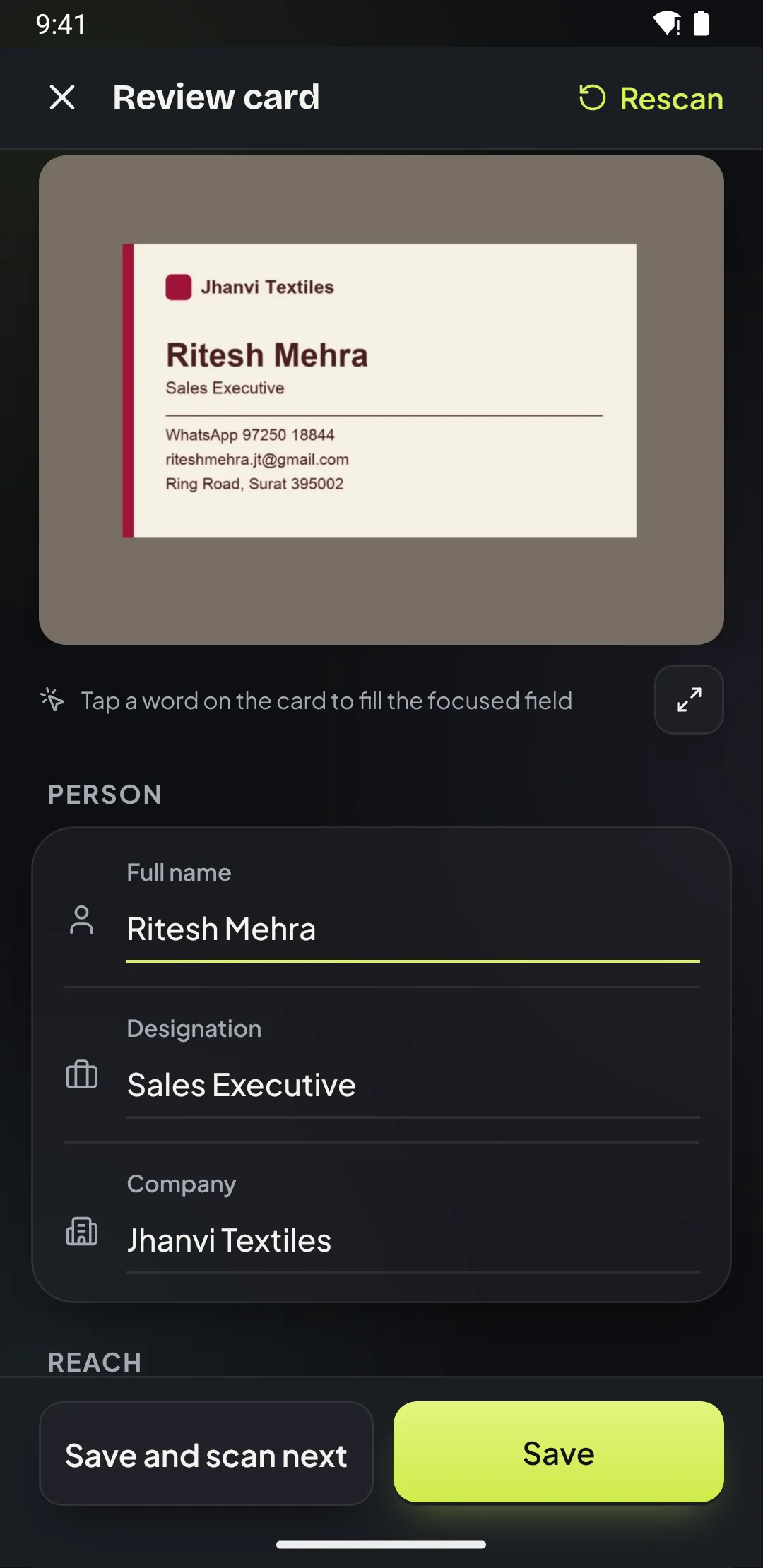 Review screen after scanning a business card with every field filled in