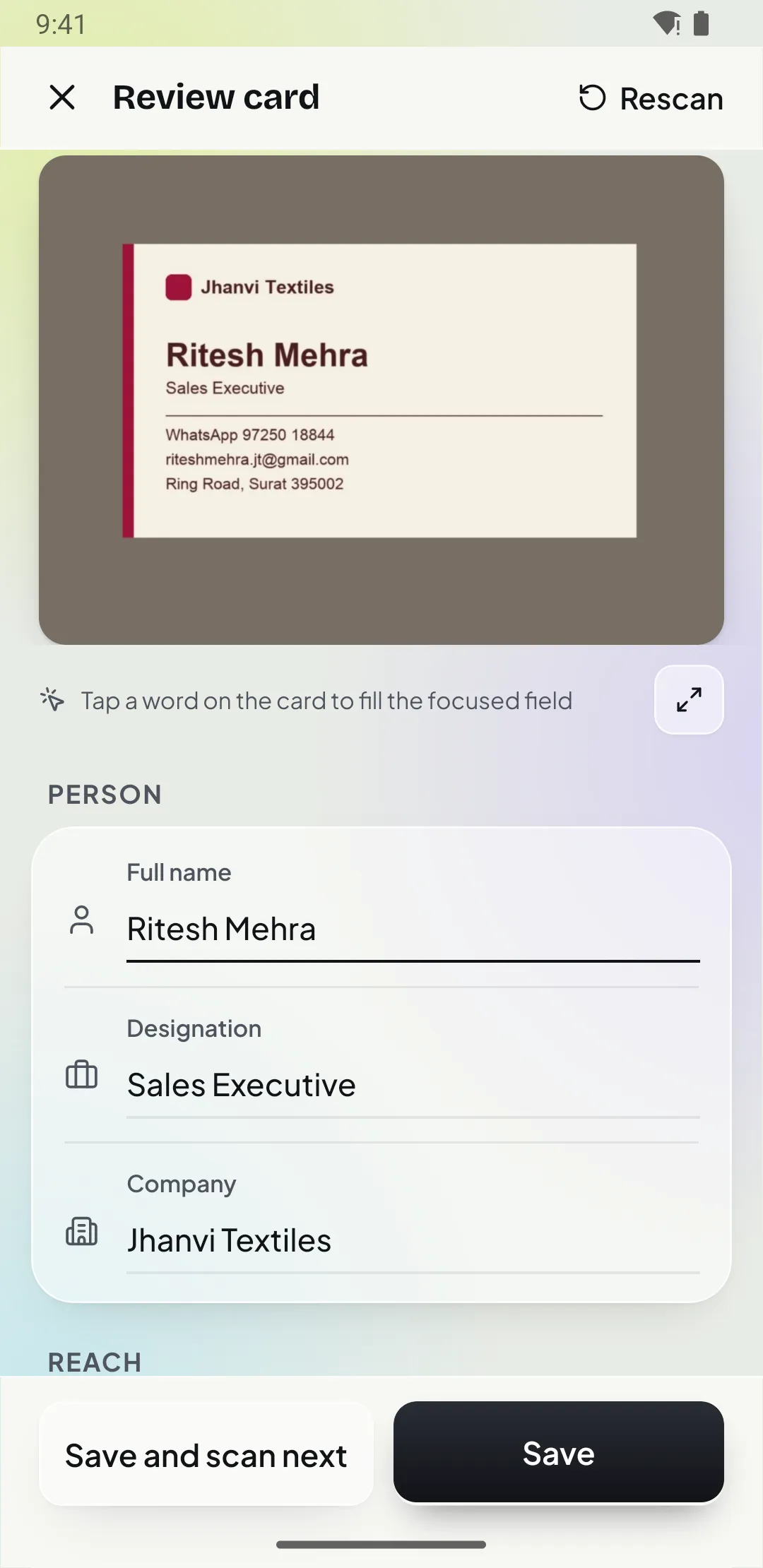 Review screen after scanning a business card with every field filled in